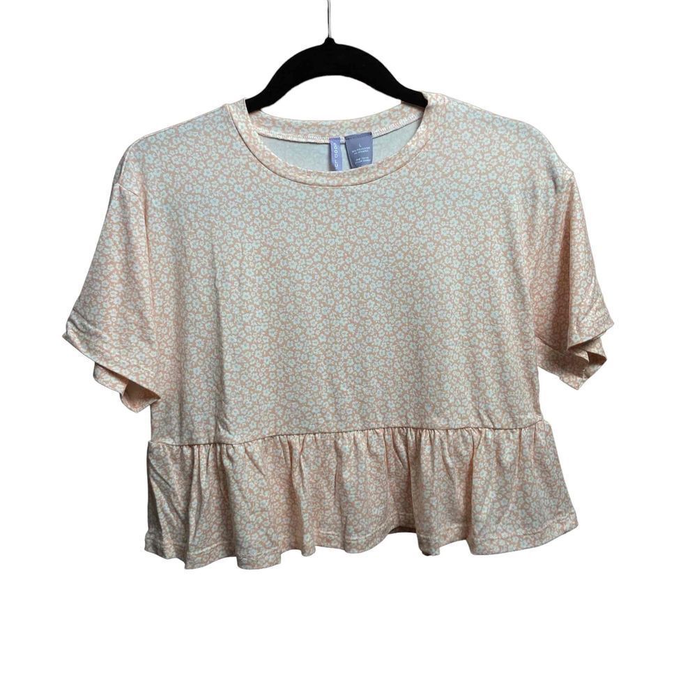 GOOD LUCK GIRL | Girl's Peplum Tee Floral Short Sleeve Crew Neck Peach Ivory Lar